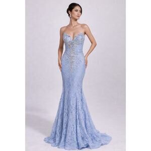 Portia & Scarlett Formal Evening Gown Women Small Blue Strapless Crystal Mermaid